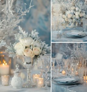 Softly lit winter wedding setting with icy blue and silver color palette, featuring elegant table décor and floral arrangements to evoke January's seasonal charm.