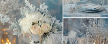 Softly lit winter wedding setting with icy blue and silver color palette, featuring elegant table décor and floral arrangements to evoke January's seasonal charm.
