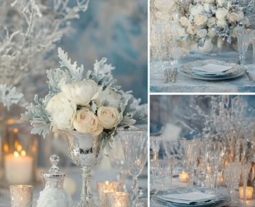 Softly lit winter wedding setting with icy blue and silver color palette, featuring elegant table décor and floral arrangements to evoke January's seasonal charm.