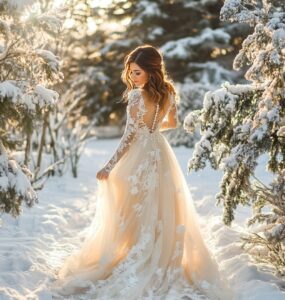 Elegant bride in a January wedding dress standing in a winter landscape, embracing the season's charm and sophistication with cozy, stylish design.