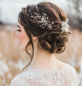 Elegant January wedding hairstyles, including updos, waves, and braids, ideal for a winter celebration.