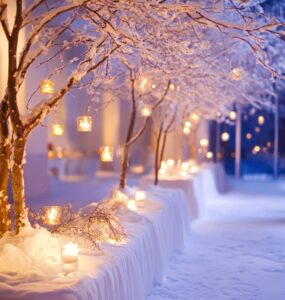 Close-up of a winter wedding venue decorated with snow-covered branches, soft lighting, and cozy details, evoking a warm, romantic January wedding atmosphere.