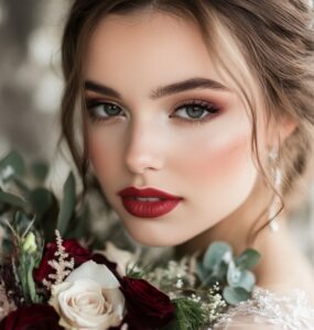 January wedding makeup ideas, highlighting elegant winter-inspired looks with frosty shimmers, warm berry tones, classic red lips, and rose gold glows to capture the romantic winter vibe for brides.