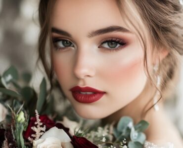 January wedding makeup ideas, highlighting elegant winter-inspired looks with frosty shimmers, warm berry tones, classic red lips, and rose gold glows to capture the romantic winter vibe for brides.