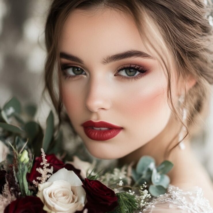 January wedding makeup ideas, highlighting elegant winter-inspired looks with frosty shimmers, warm berry tones, classic red lips, and rose gold glows to capture the romantic winter vibe for brides.