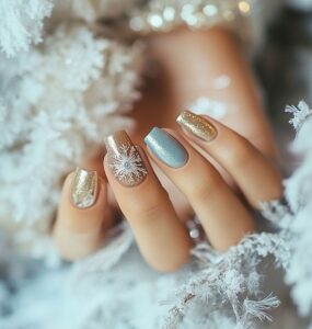Elegant January wedding nail ideas featuring frosty blues, classic nudes, and metallics that add a beautiful finishing touch for winter weddings, capturing the cool charm of the season.