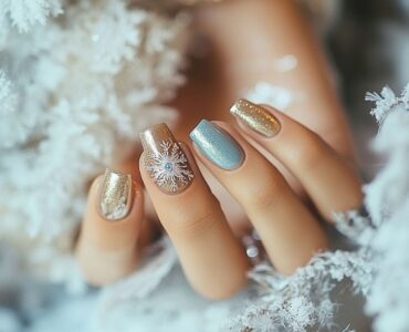 Elegant January wedding nail ideas featuring frosty blues, classic nudes, and metallics that add a beautiful finishing touch for winter weddings, capturing the cool charm of the season.
