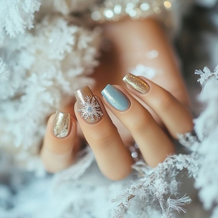 Elegant January wedding nail ideas featuring frosty blues, classic nudes, and metallics that add a beautiful finishing touch for winter weddings, capturing the cool charm of the season.