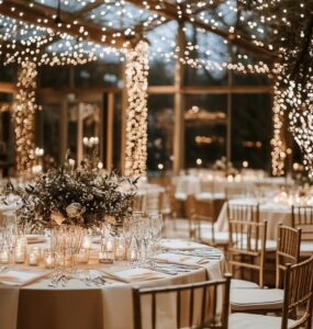Winter wedding reception with serene decor and cozy lighting, creating an inviting and magical setting for a January celebration.