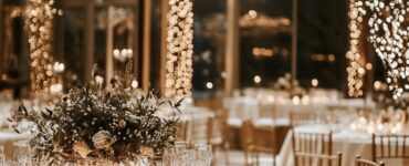Winter wedding reception with serene decor and cozy lighting, creating an inviting and magical setting for a January celebration.
