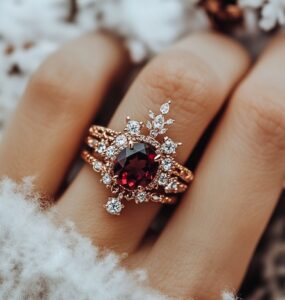 January wedding ring ideas showcasing winter-inspired designs like garnet, sapphire, and mixed metals that reflect the magic and warmth of the season.