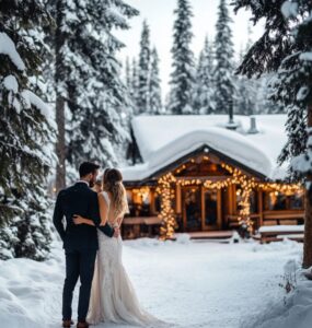 Snowy winter wedding scene with a couple standing in front of a cozy, decorated lodge surrounded by snow-capped trees, capturing the romance and beauty of a January wedding.