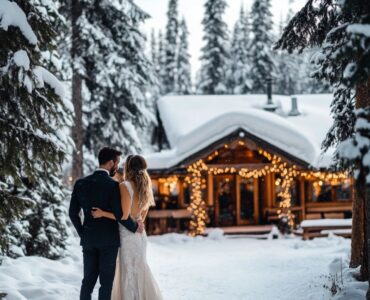 Snowy winter wedding scene with a couple standing in front of a cozy, decorated lodge surrounded by snow-capped trees, capturing the romance and beauty of a January wedding.