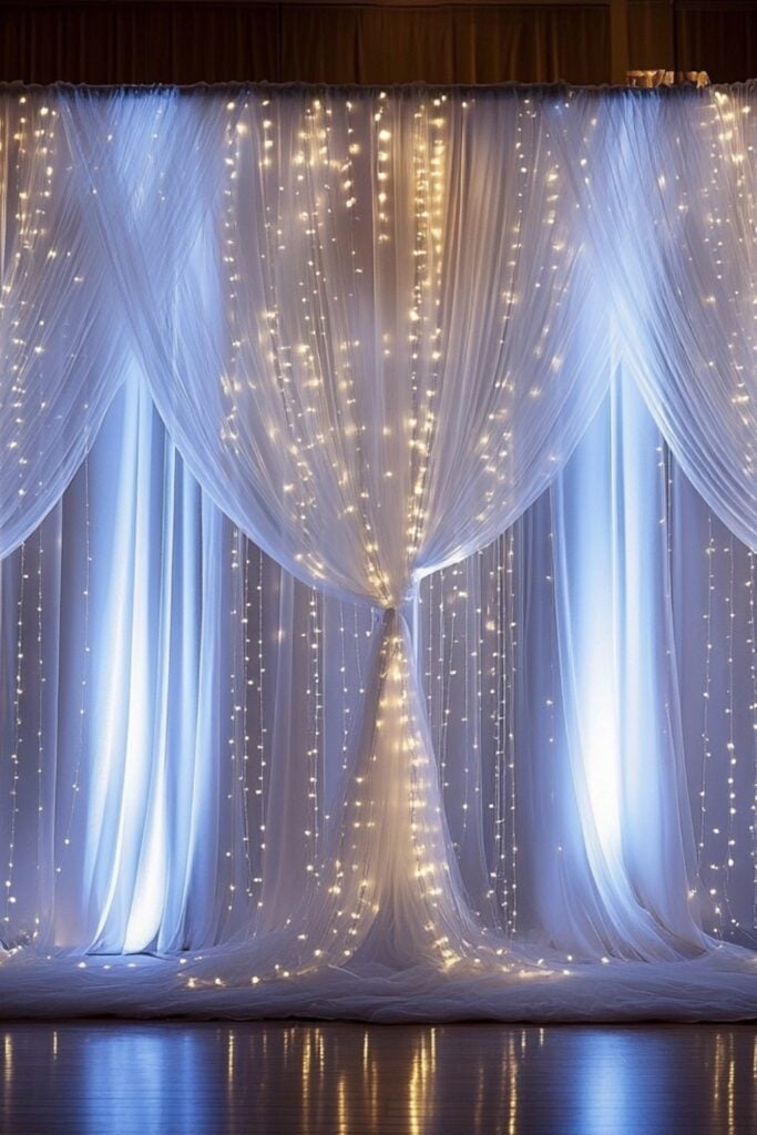 Cascading LED curtain lights set as a photo-worthy backdrop, paired with flowing fabric for a dreamy winter wedding scene.