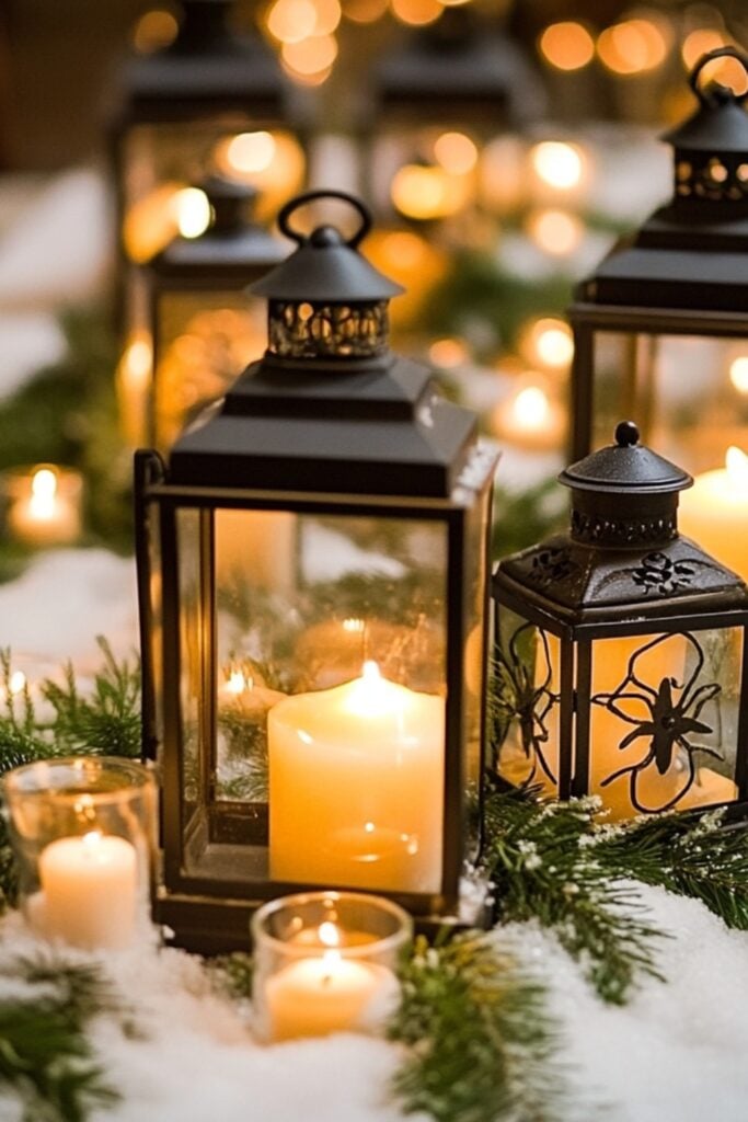 Clusters of lanterns filled with glowing candles, surrounded by faux snow and evergreen sprigs, creating a rustic winter wedding vibe.