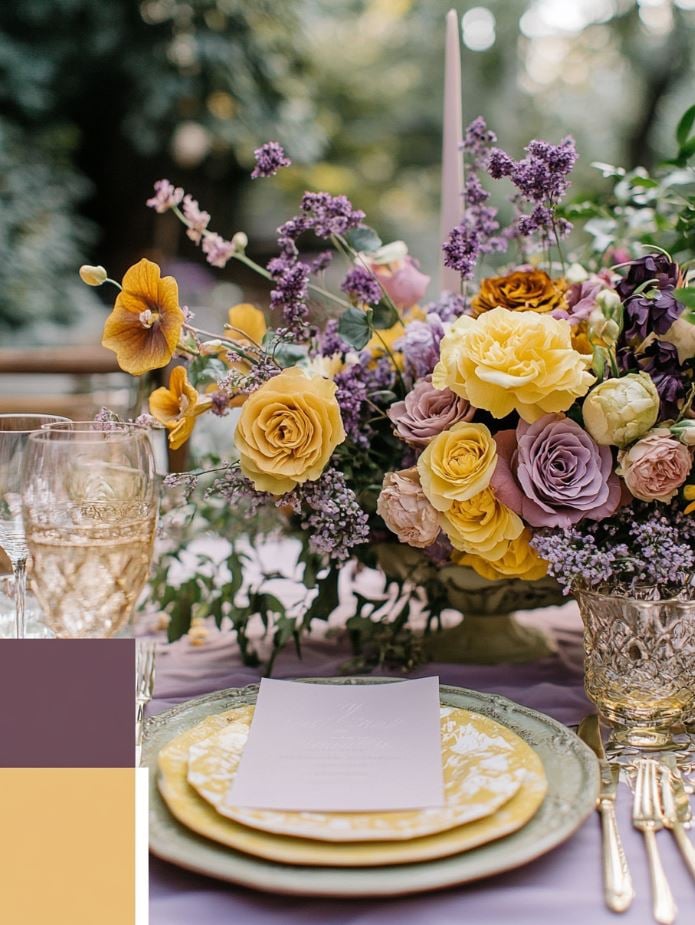 A lively and fresh rustic wedding palette featuring lilac, yellow, and olive green, ideal for spring or summer weddings with vibrant florals and natural earthy tones.