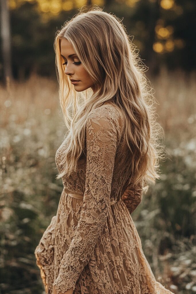 Elegant long-sleeve lace maxi dress in earthy tones, ideal for rustic wedding guest attire at countryside ceremonies or barn receptions.