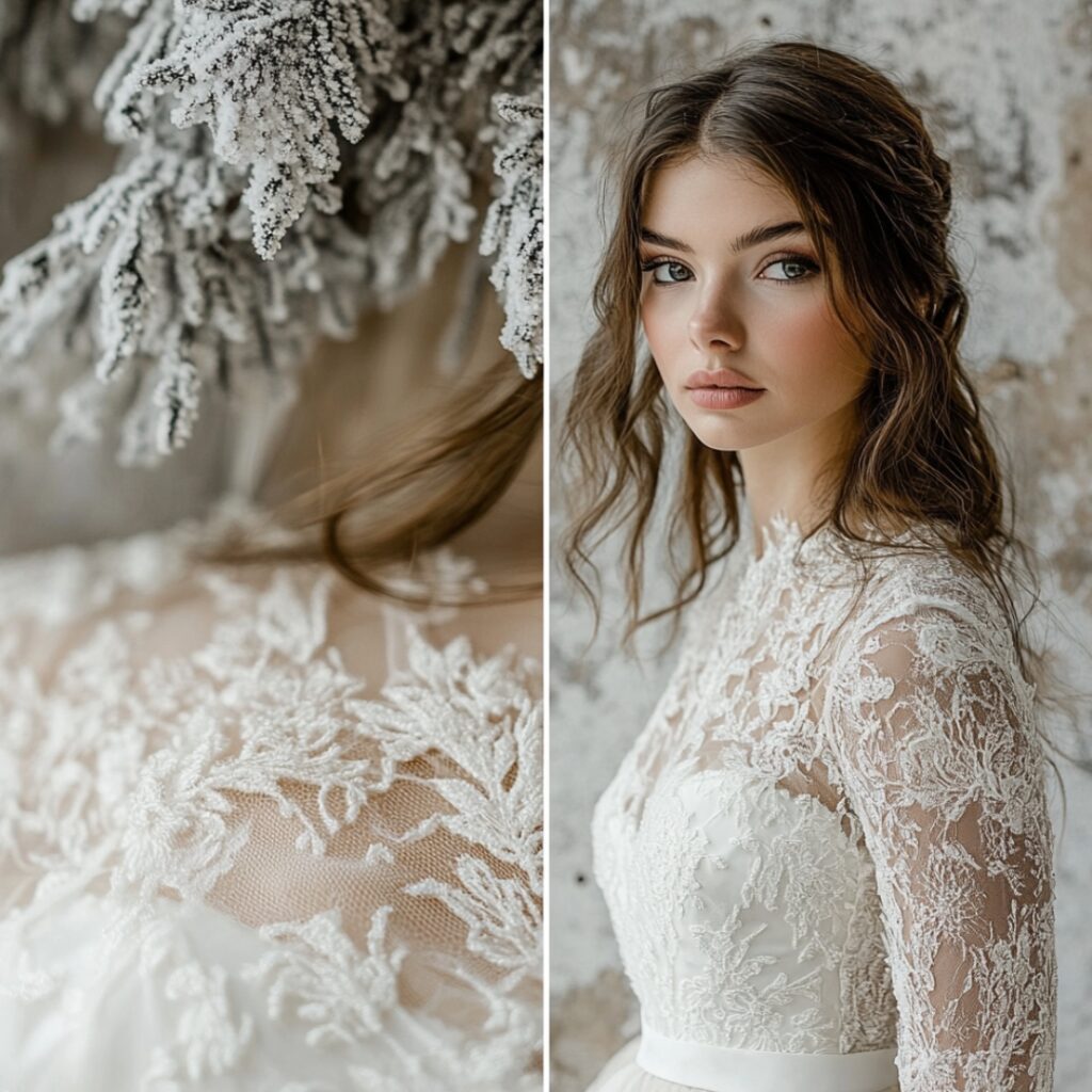 Romantic winter bride in a long-sleeved lace gown, featuring intricate lace details and a flowing skirt for warmth and elegance.