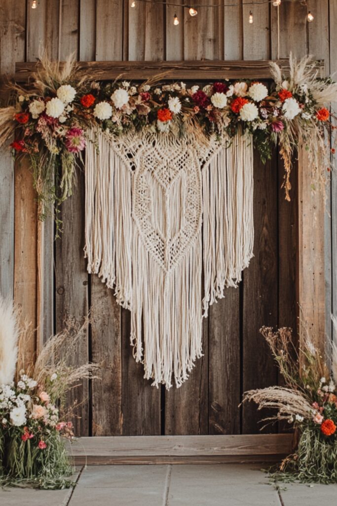 A boho-inspired rustic backdrop with a macramé hanging piece framed by wooden panels, accented with pampas grass and wildflowers.