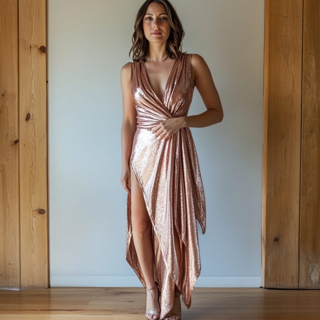 Versatile metallic wrap dress in rose gold, flattering for all body types, styled with heeled sandals and a cozy shawl for evening warmth.