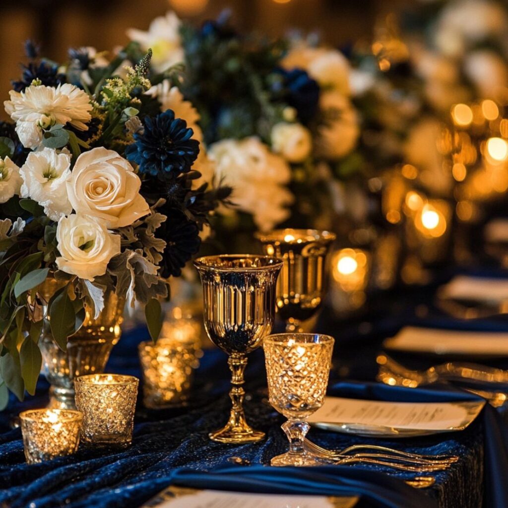 Elegant winter wedding decor with midnight blue and gold palette; midnight blue table runners and gold candleholders create a luxurious, regal evening ambiance.
