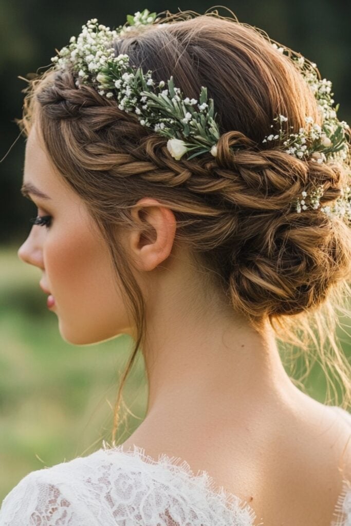 Bride with milkmaid braids pinned into a halo effect, adorned with small flowers and greenery, adding charm and simplicity to her rustic wedding hairstyle.