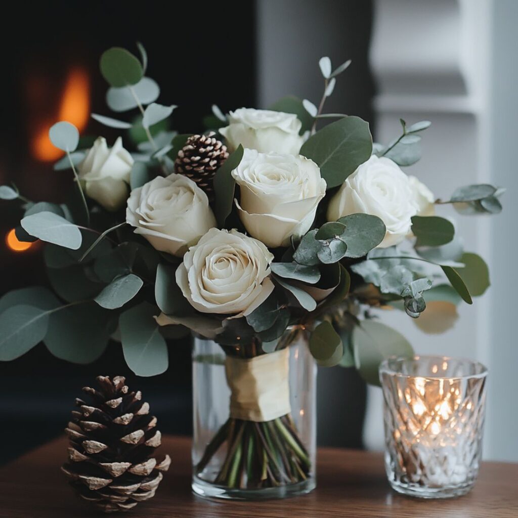 Simple and chic winter wedding bouquet with eucalyptus, white roses, and pinecones, embodying a minimalist seasonal aesthetic.