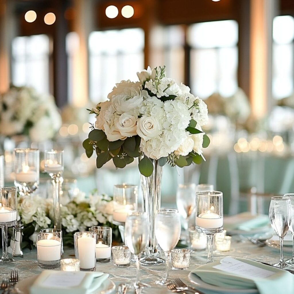 Refreshing winter wedding decor with mint green bridesmaid dresses, ivory accents, floral arrangements, crystal centerpieces, and ivory candles for a modern look.