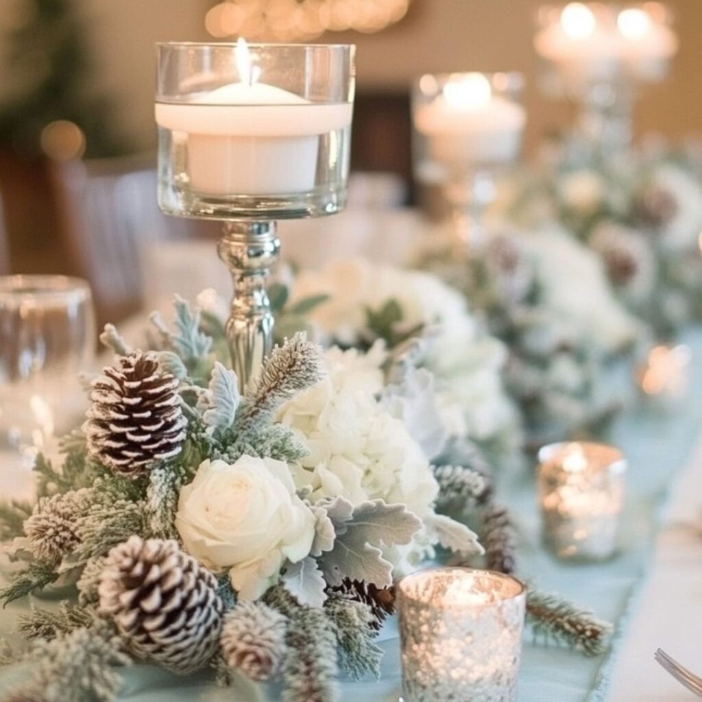 Chic winter wedding with mint green bridesmaid dresses, silver candle holders, and frosty mint decor with pinecones, adding a light, festive, and sophisticated sparkle.