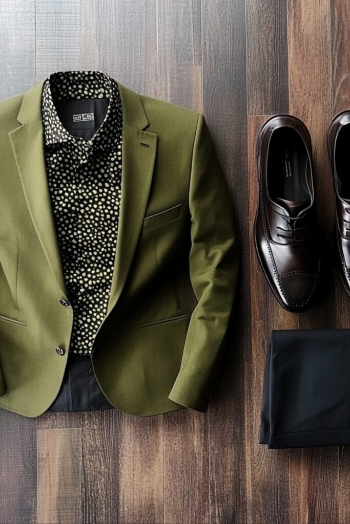 Modern rustic wedding guest attire for men with an olive blazer, patterned shirt, black trousers, and polished leather shoes for a contemporary touch.