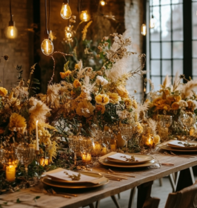 A winter wedding setup with a mustard and earthy color palette, featuring cozy lighting and floral arrangements blending mustard tones with winter greens, creating an elegant and inviting atmosphere.