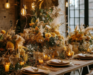 A winter wedding setup with a mustard and earthy color palette, featuring cozy lighting and floral arrangements blending mustard tones with winter greens, creating an elegant and inviting atmosphere.