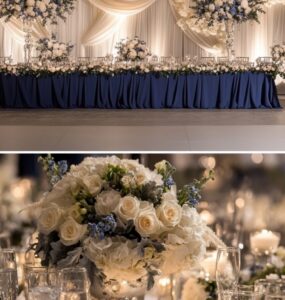 Elegant navy and cream winter wedding theme with decor featuring floral arrangements, table settings, and a romantic backdrop under soft winter lighting.