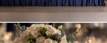 Elegant navy and cream winter wedding theme with decor featuring floral arrangements, table settings, and a romantic backdrop under soft winter lighting.
