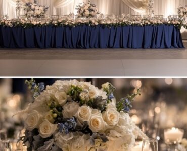 Elegant navy and cream winter wedding theme with decor featuring floral arrangements, table settings, and a romantic backdrop under soft winter lighting.