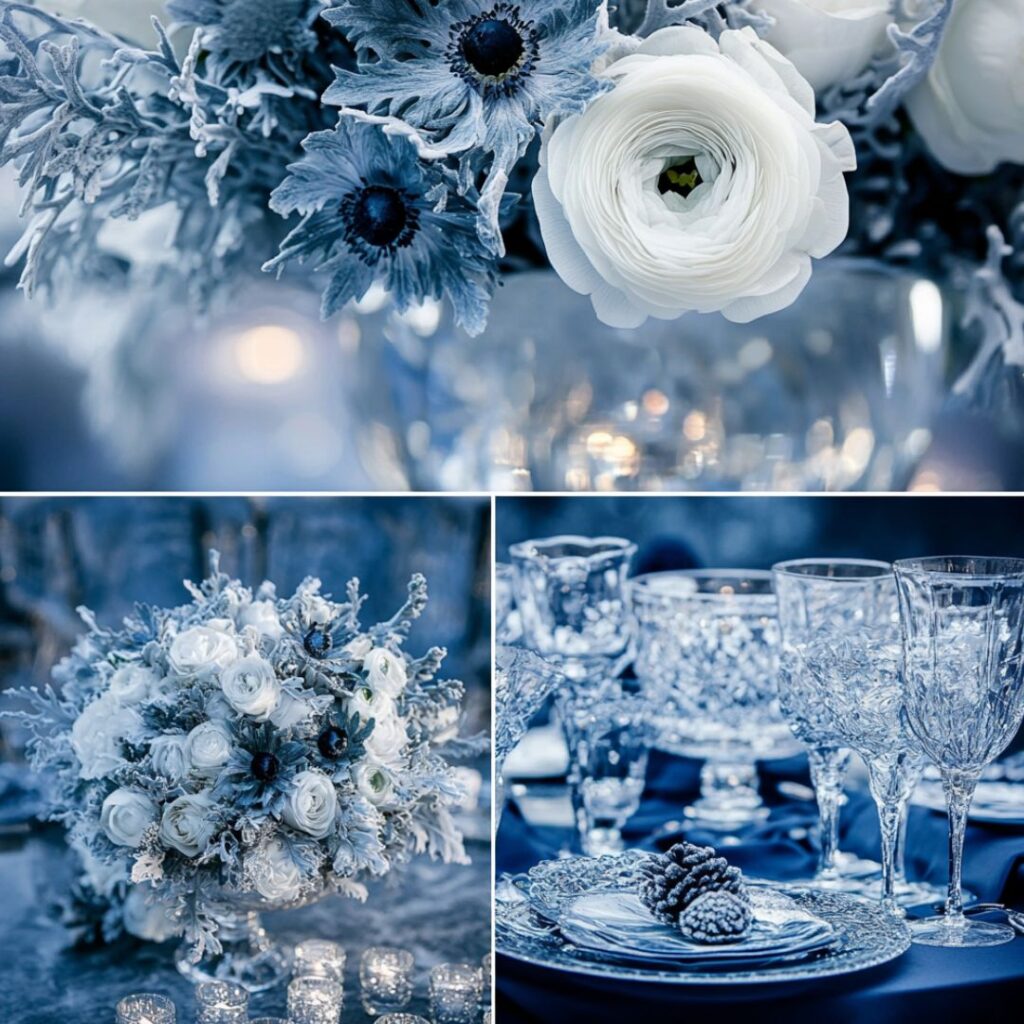 Winter wedding decor featuring navy and icy blue tones; navy bridal party attire contrasts with icy blue florals and glassware for a sophisticated, wintery setting.