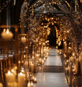 New Year's wedding aisle with sparkling decor, featuring metallic accents, candlelit ambiance, and wintry touches for a magical, festive atmosphere.