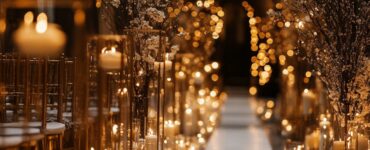New Year's wedding aisle with sparkling decor, featuring metallic accents, candlelit ambiance, and wintry touches for a magical, festive atmosphere.