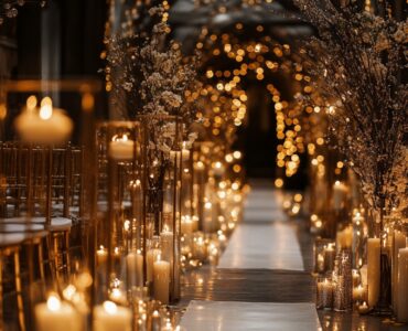 New Year's wedding aisle with sparkling decor, featuring metallic accents, candlelit ambiance, and wintry touches for a magical, festive atmosphere.