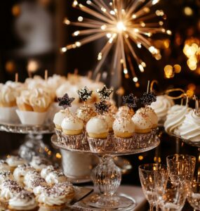 Festive New Year’s wedding dessert table with a variety of elegant treats decorated with glitter, sparkle, and festive touches to celebrate the midnight countdown.