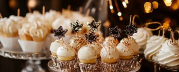 Festive New Year’s wedding dessert table with a variety of elegant treats decorated with glitter, sparkle, and festive touches to celebrate the midnight countdown.