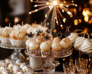 Festive New Year’s wedding dessert table with a variety of elegant treats decorated with glitter, sparkle, and festive touches to celebrate the midnight countdown.