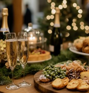 Elegant New Year's wedding food and drinks setup with champagne, gourmet appetizers, and festive desserts, creating a sophisticated and celebratory atmosphere.
