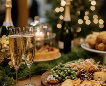 Elegant New Year's wedding food and drinks setup with champagne, gourmet appetizers, and festive desserts, creating a sophisticated and celebratory atmosphere.
