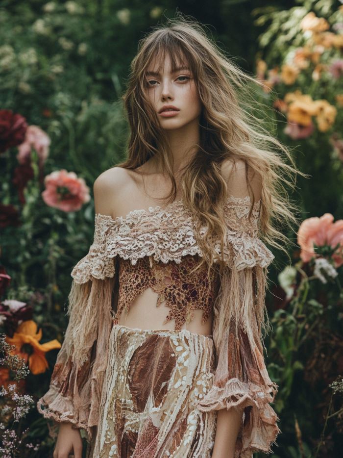 An off-shoulder maxi dress with flared sleeves, offering a boho-chic look in earthy hues, perfect for rustic wedding celebrations.
