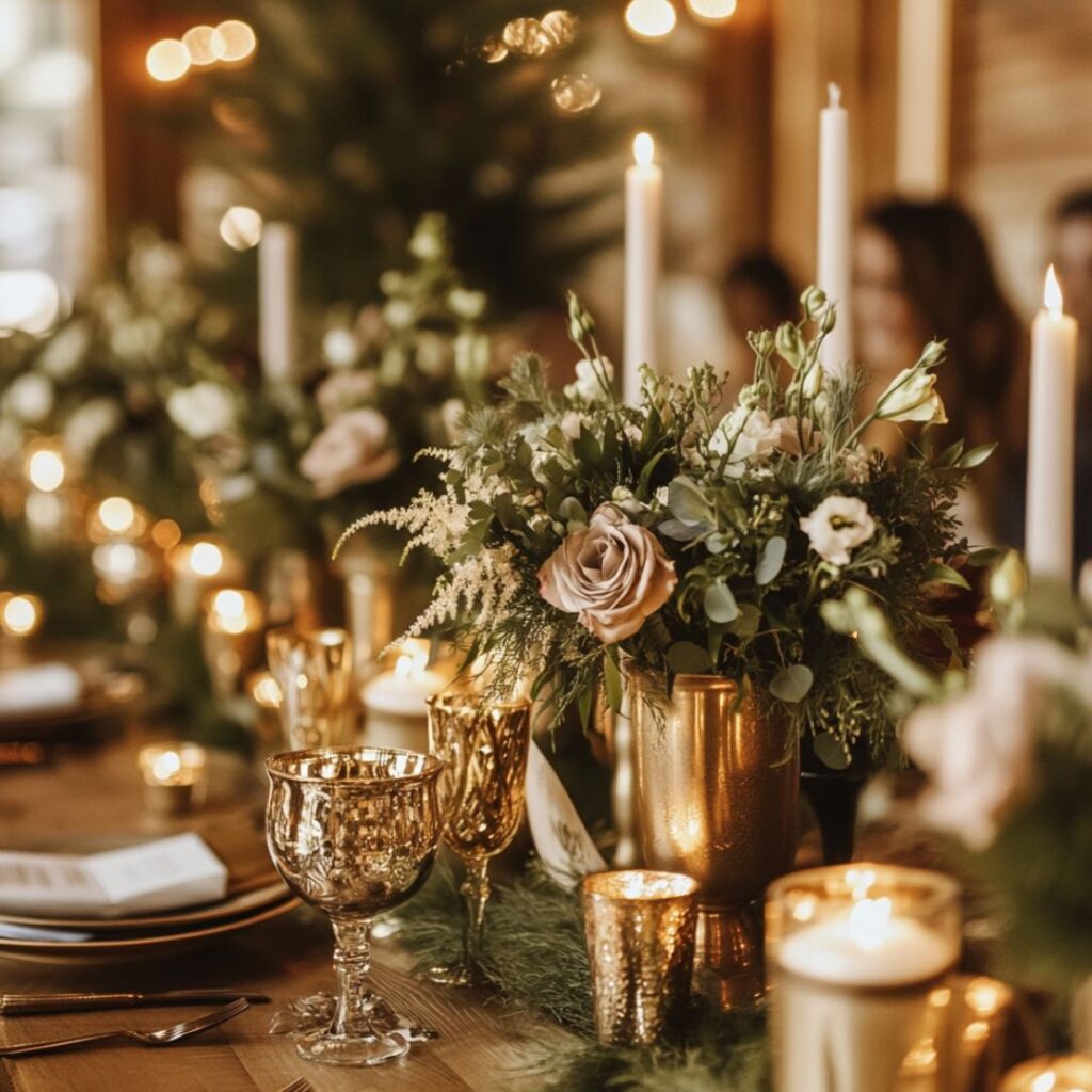 Elegant winter wedding decor with olive green bridesmaid dresses, gold candle holders, olive-toned florals, and gold-accented table decor for a luxurious feel.