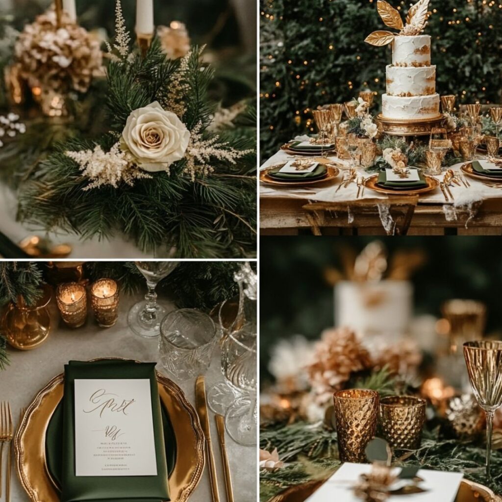 Luxurious winter wedding setup featuring olive green attire, gold and bronze metallic accents in table decor, invitations, and cake, adding a sophisticated, earthy touch.
