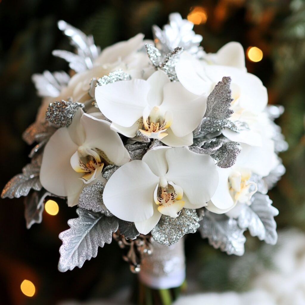 Glamorous winter bouquet with white orchids and silver-leaf accents, perfect for a modern or formal January wedding theme.