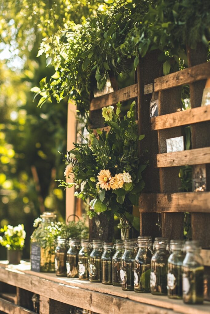 A simple wooden pallet wall decorated with greenery, photos, mason jars with flowers, and a personalized wooden sign for a rustic wedding.