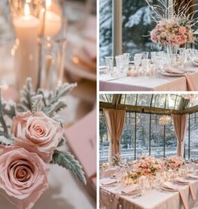Winter wedding floral arrangement featuring frosted pink roses, peonies, and anemones mixed with pine and eucalyptus, placed in a vintage silver vase for a winter wonderland feel.